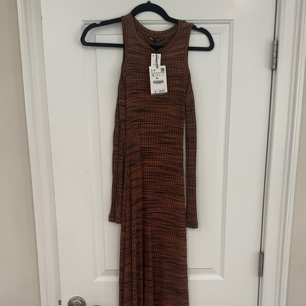 Zara Long Sleeve Brown Patterned Dress Cold Shoulder Small